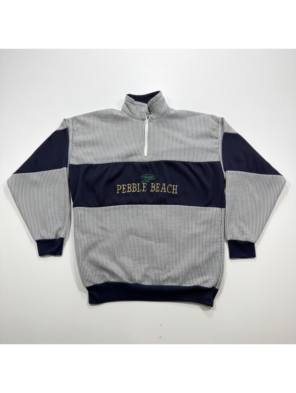 Vintage Pebble Beach Pullover Mens XL Navy Gray Striped Quarter Zip Made in USA